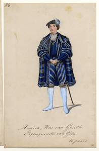 32735 Afbeelding van een kostuumontwerp van Henrick, heer van Gendt, erfhofmeester van Gelre, figurant in de maskerade ...